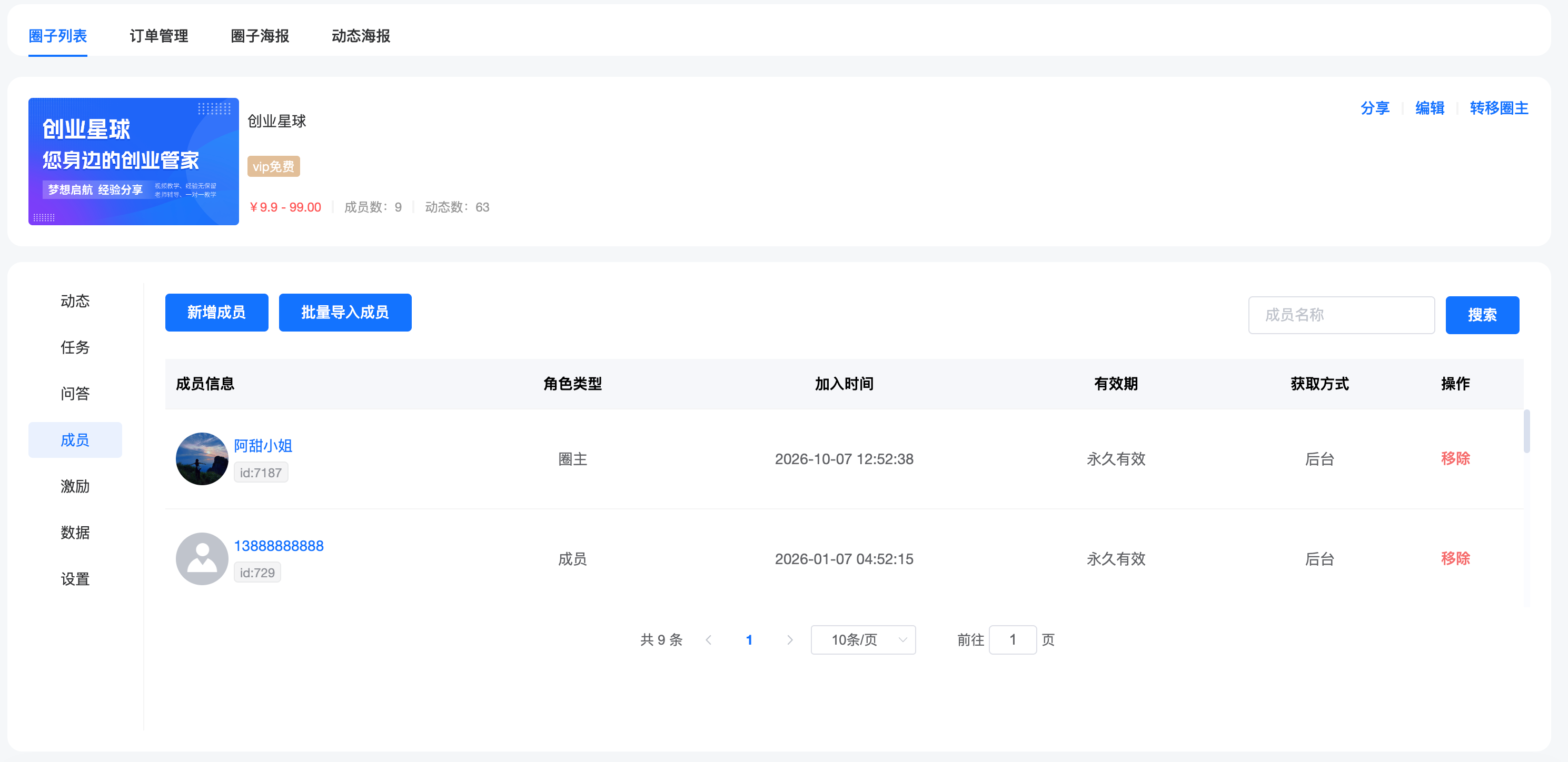 圈子成员角色、加入时间、有效期与获取方式后台截图